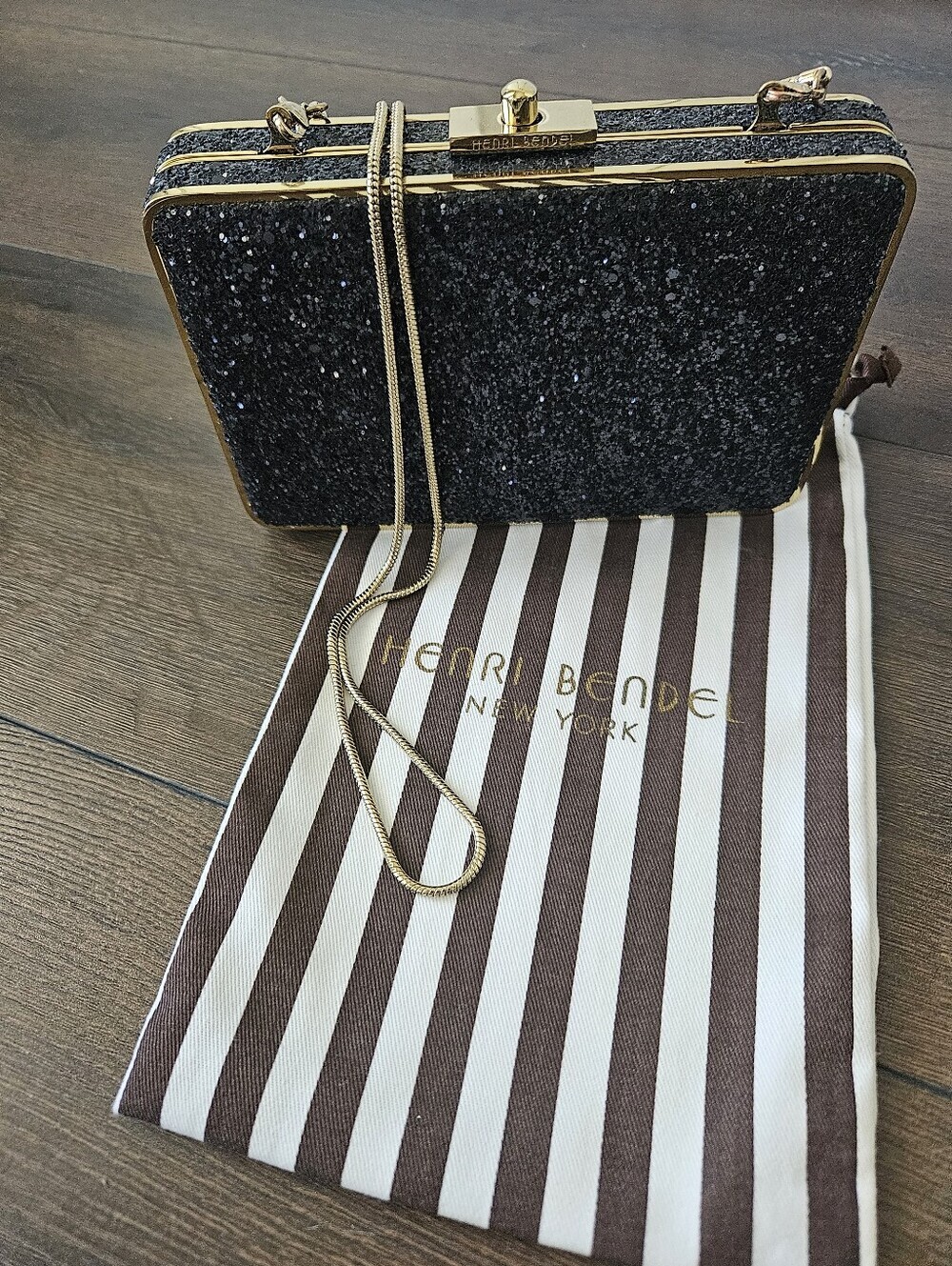 HENRI BENDEL Black Glitter Box Clutch Crossbody Evening Bag Gold Hardware +Dusty